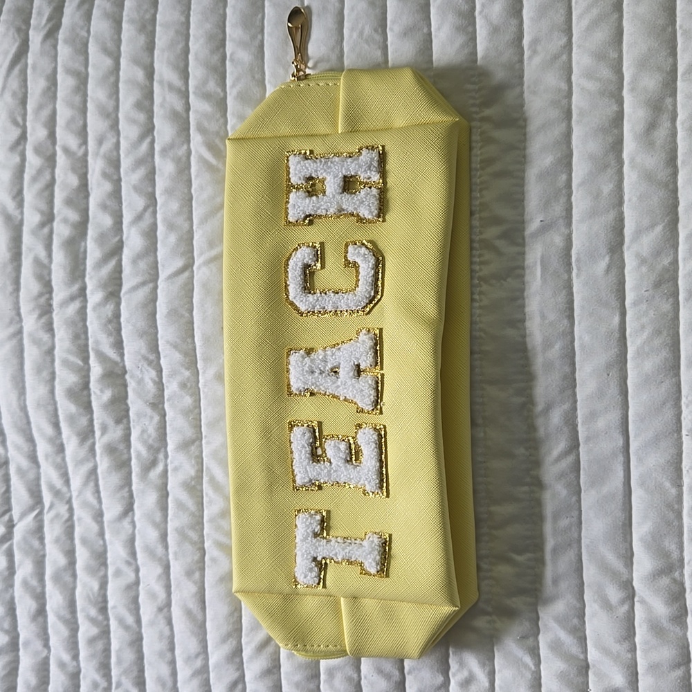 TEACH pouch with zipper chenille letters NWOT MATERIAL easy wipe off pale yellow